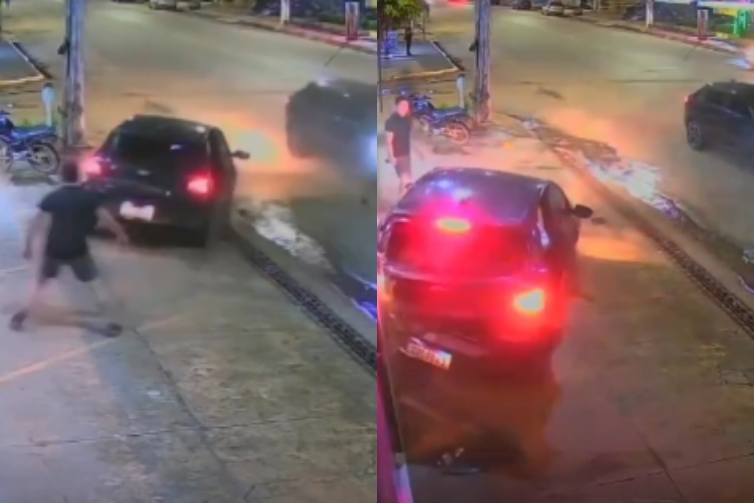 Pedestre escapa por pouco de ser atropelado após colisão entre carros em Santarém