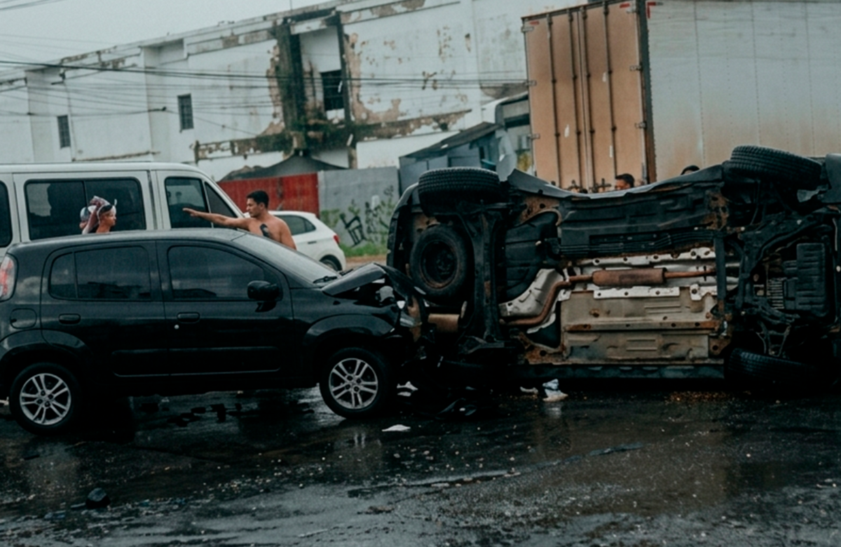 Colisão entre veículos provoca capotamento na entrada do Tenoné