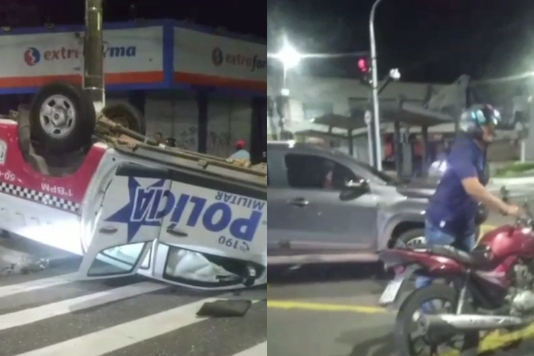 Viatura da PM capota após colisão com carro de passeio na avenida Duque de Caxias, na madrugada desta segunda-feira (18)