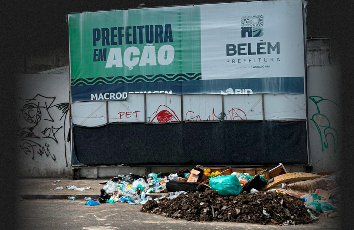 Outdoor com slogan “Prefeitura em Ação” contrasta com abandono no Portal da Amazônia e arredores